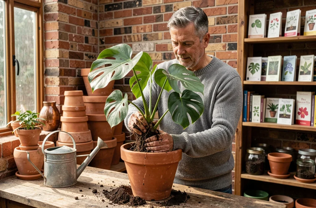 Homme rempotant un monstera dans un espace de jardinage intérieur avec mur en briques apparentes et pots en terre cuite