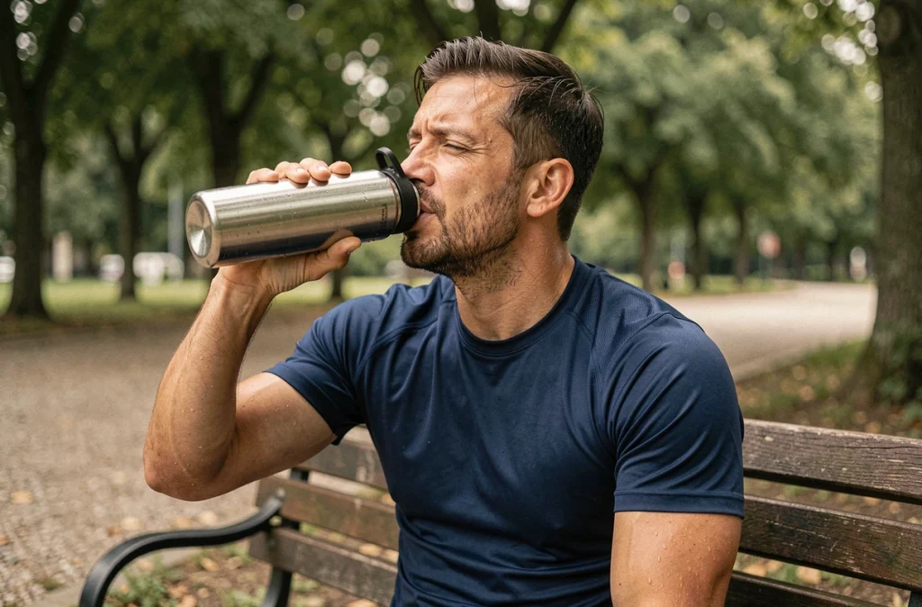 Homme sportif se réhydratant avec une bouteille d'eau en acier inoxydable dans un parc urbain après une séance de sport