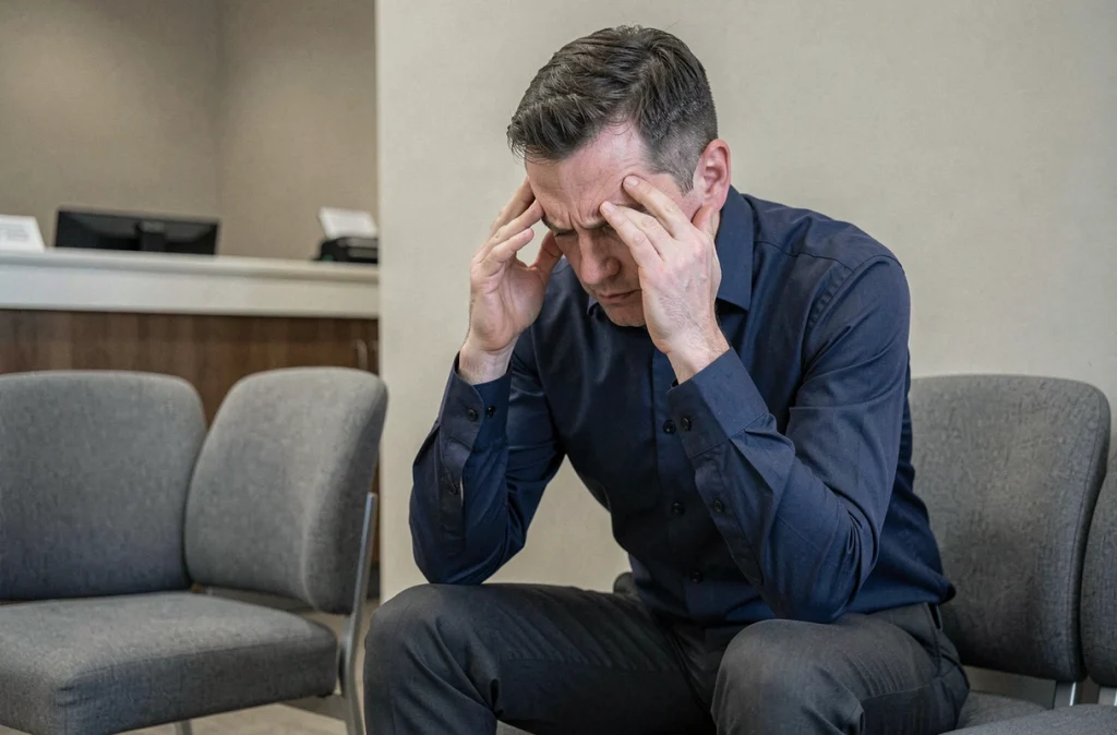 Homme fatigué dans une salle d'attente médicale illustrant les symptômes d'une carence en fer