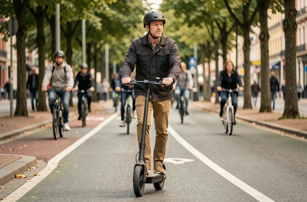 Homme circulant en trottinette électrique sur une piste cyclable urbaine, illustration des nouvelles mobilités et de leur assurance