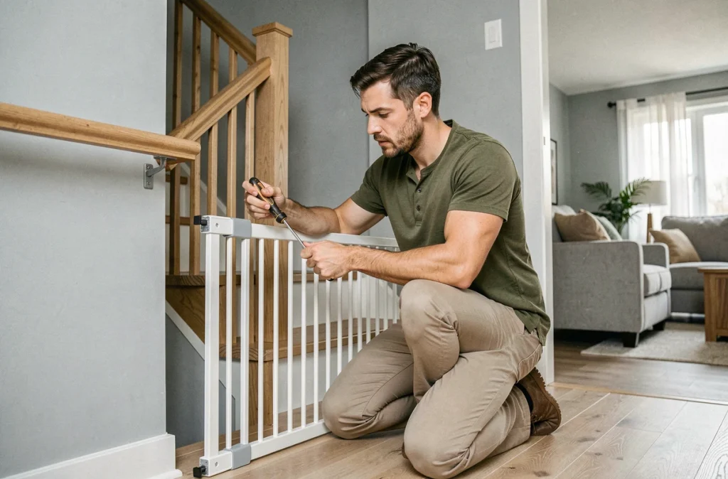 Père installant une barrière de sécurité en haut d'un escalier pour sécuriser le logement avant l'arrivée d'un nouveau-né