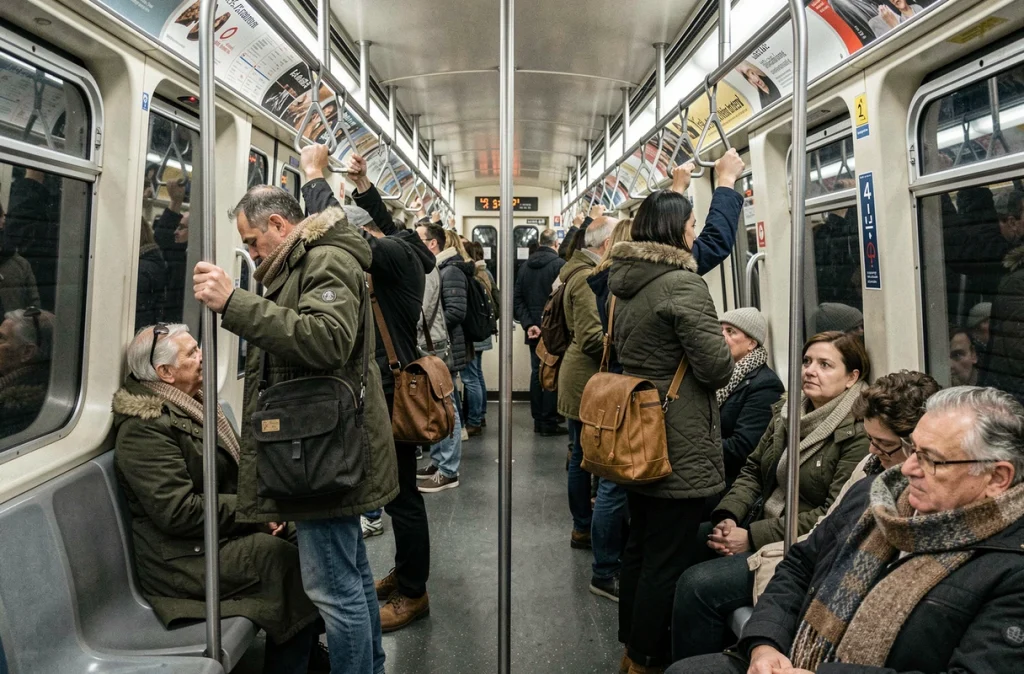 Intérieur bondé d'une rame du métro ligne 4 Paris lors des heures de pointe du matin