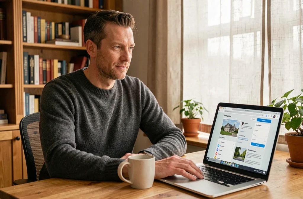 Homme investissant dans l'immobilier participatif depuis son bureau à domicile sur une plateforme de crowdfunding en ligne