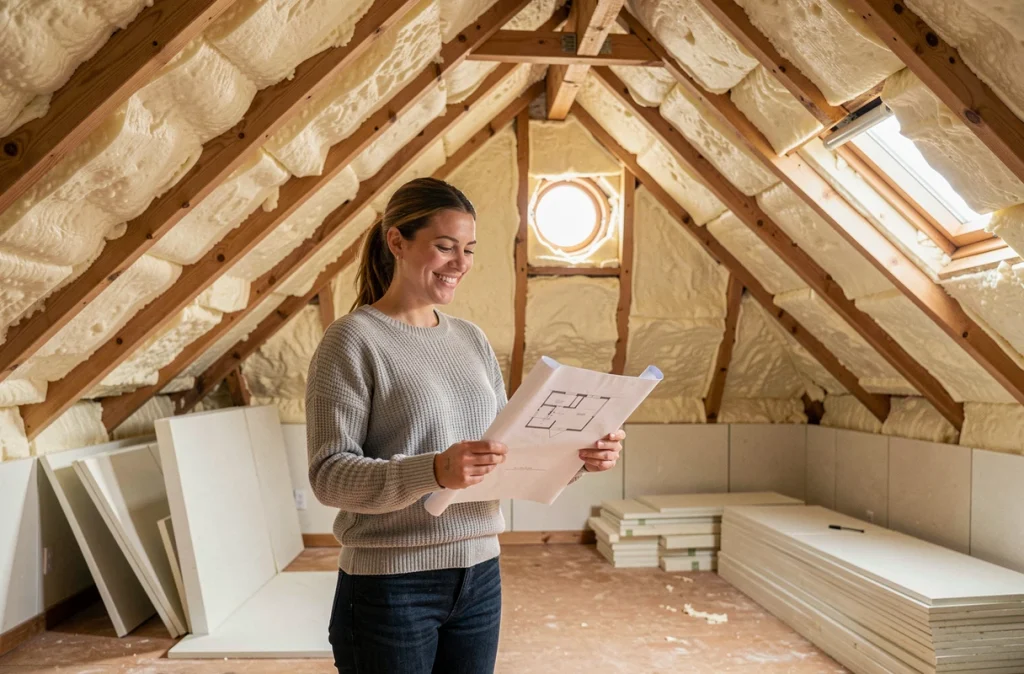 Propriétaire inspectant des travaux d'isolation thermique récemment réalisés dans les combles de sa maison