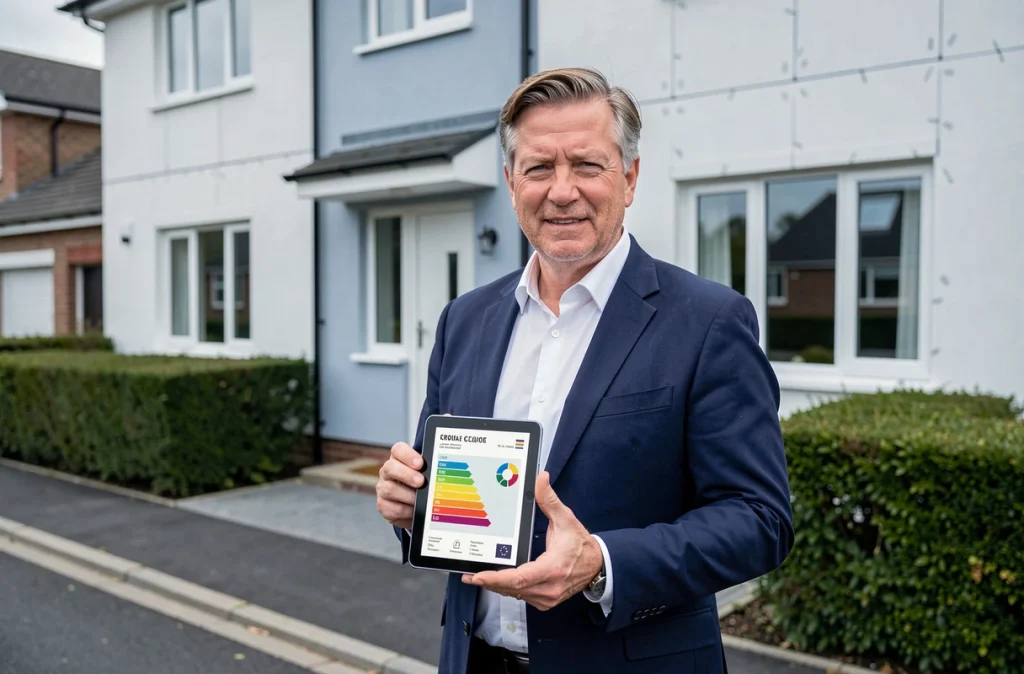 Agent immobilier devant une maison rénovée avec isolation thermique par l'extérieur affichant un certificat de performance énergétique