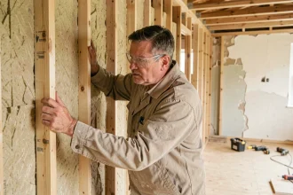 Artisan installant des panneaux d'isolation en laine minérale entre les montants d'un mur en cours de rénovation