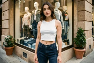 Jeune femme portant un jean taille basse indigo devant une boutique de mode en rue commerçante