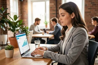 Jeune femme active consultant un tableau de bord d'épargne automatique sur son ordinateur portable dans un espace de coworking moderne