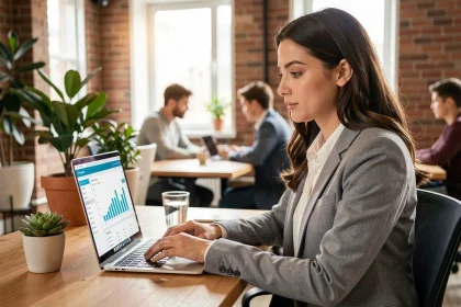 Jeune femme active consultant un tableau de bord d'épargne automatique sur son ordinateur portable dans un espace de coworking moderne