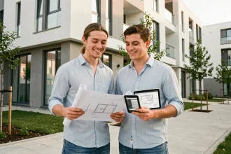 Jeune couple devant un immeuble résidentiel neuf tenant des plans architecturaux, illustrant l'investissement immobilier chez les jeunes ménages