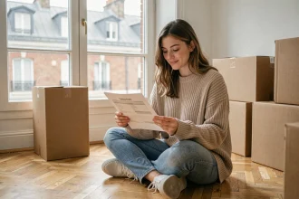 Jeune femme révisant un contrat de bail mobilité assise parmi des cartons dans un appartement parisien