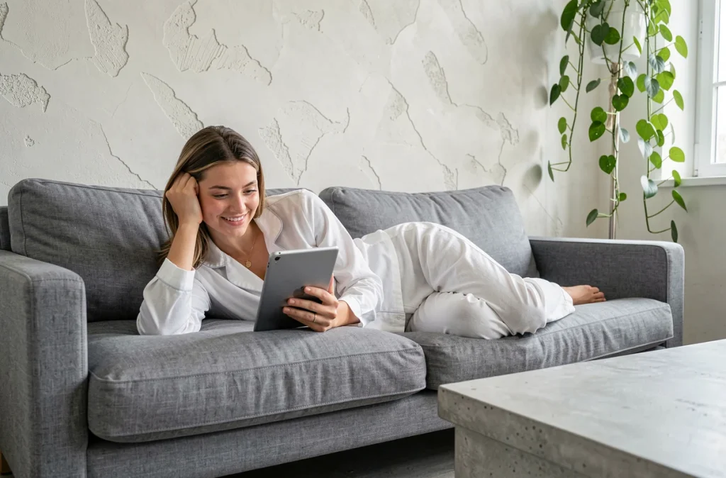 Jeune femme jouant à un jeu de mots sur tablette allongée sur un canapé le matin