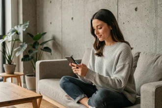 Jeune femme utilisant une application de néobanque sur son smartphone dans un appartement moderne et minimaliste