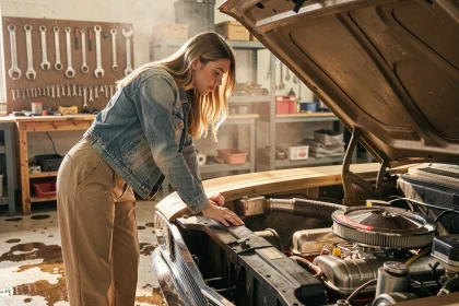Jeune femme passionnée de voitures anciennes inspectant le moteur d'une muscle car des années 60 dans un garage authentique