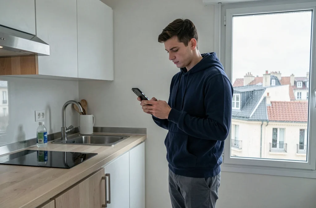 Jeune homme consultant une application de location de bail mobilité dans un studio meublé en ville