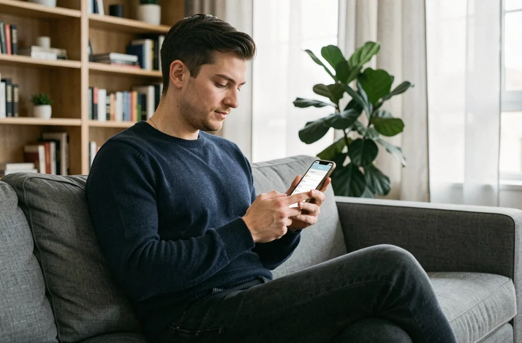 Jeune homme gérant son épargne automatique sur une application bancaire mobile depuis son appartement minimaliste