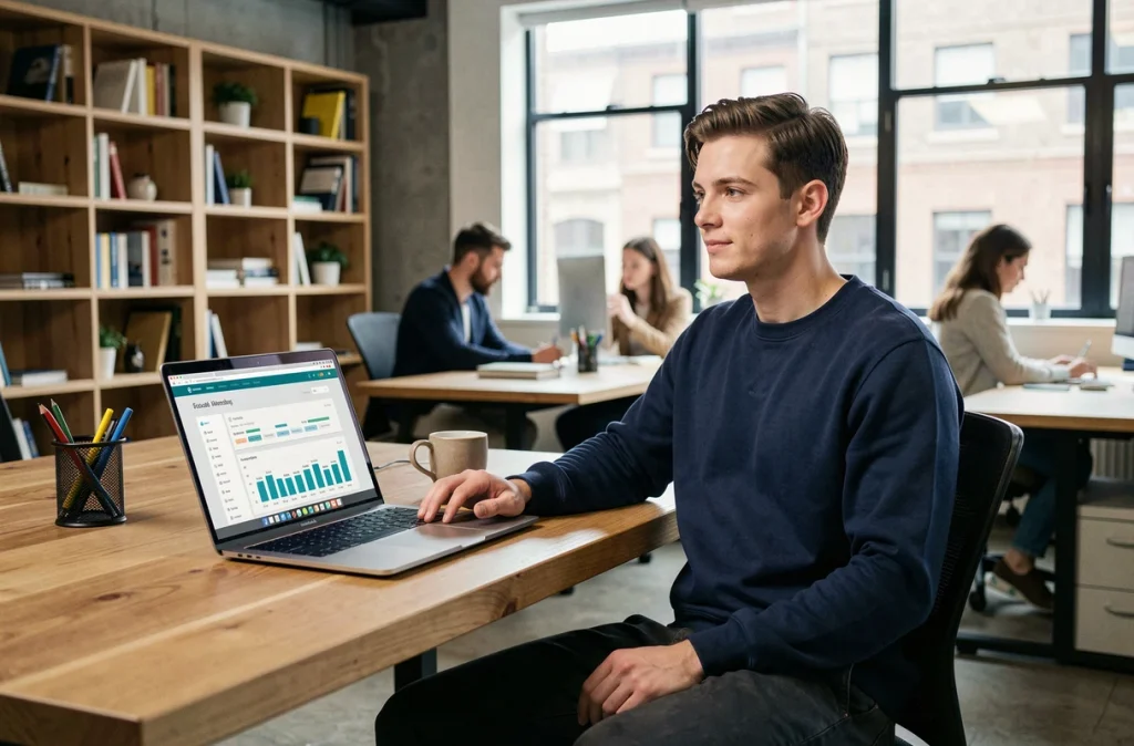 Jeune homme gérant ses économies sur une application de néobanque dans un espace de coworking contemporain