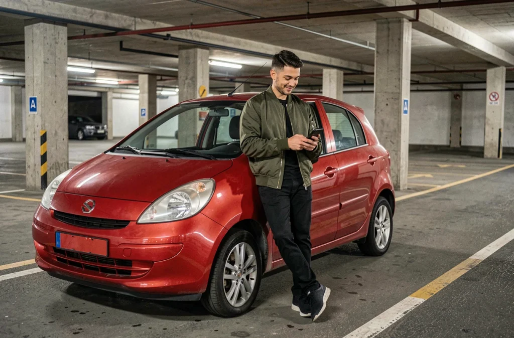 Jeune homme récupérant une voiture de location entre particuliers dans un parking urbain souterrain