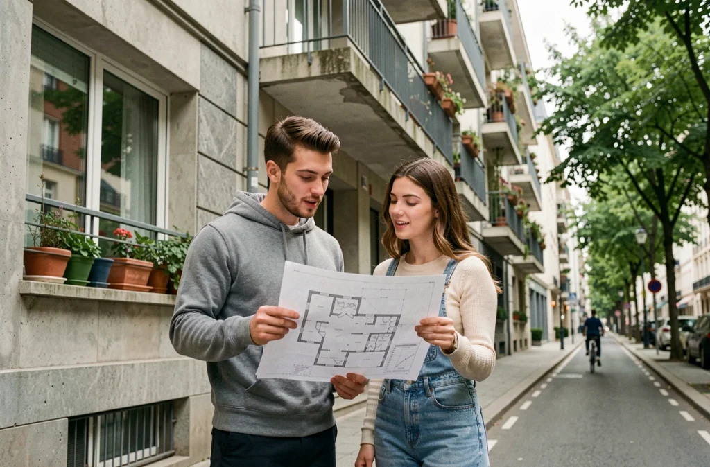 Deux jeunes actifs examinant un plan d'appartement devant un immeuble urbain dans le cadre d'un bail mobilité
