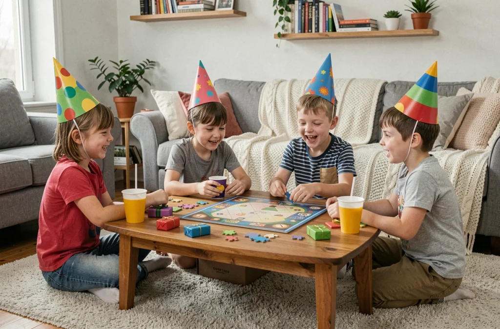 Enfants jouant à un jeu de société autour d'une table décorée lors d'un anniversaire convivial à la maison