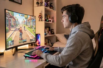 Jeune adulte jouant à un jeu de battle royale coloré sur PC dans une chambre gaming moderne avec setup RGB