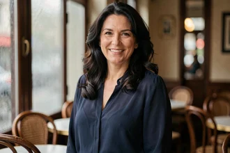 Portrait de Juliette Plumecocq-Mech, actrice et artiste française, dans un café parisien élégant