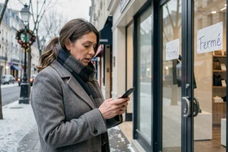 Femme devant un magasin fermé le 1er janvier vérifiant les horaires sur son smartphone