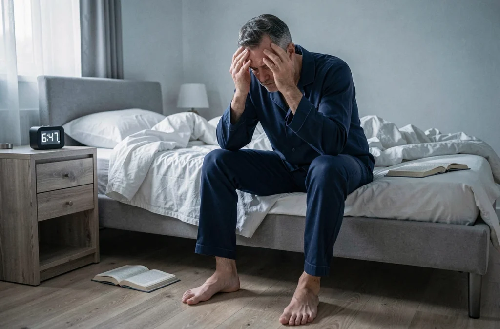 Homme fatigué assis au bord du lit le matin, illustrant les effets d'un mauvais sommeil sur les défenses immunitaires