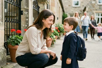 Mère accompagnant son enfant à l'entrée de l'école pour la première rentrée scolaire