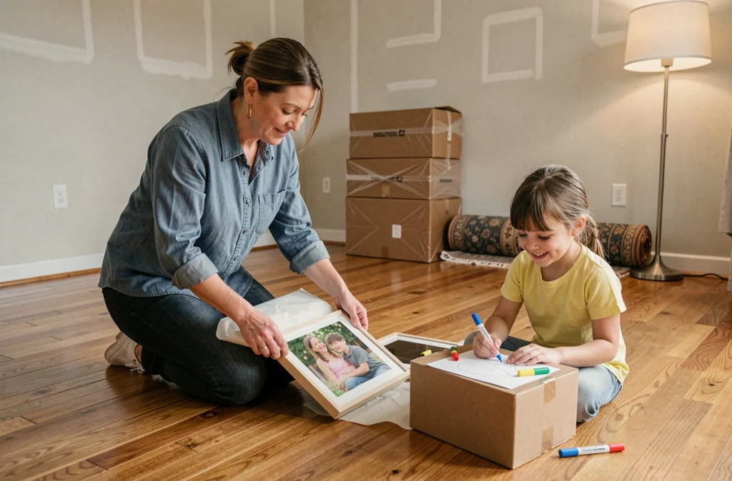 Mère et fille emballant des souvenirs familiaux dans un salon en cours de déménagement