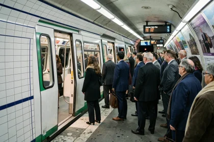 Quai bondé du métro ligne 4 à Paris pendant les heures de pointe avec des voyageurs attendant le train