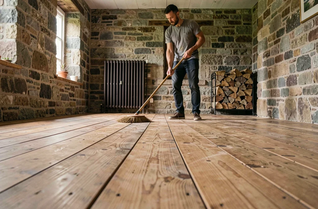 Homme nettoyant un plancher en pin anciennel avec une serpillière en fibres naturelles dans une maison de campagne rustique