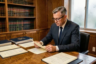 Notaire professionnel en costume sombre révisant des documents de vente immobilière dans son bureau officiel