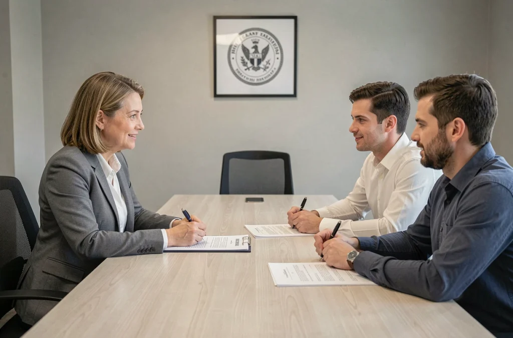 Notaire femme accompagnant un couple lors de la signature d'un acte de vente immobilière