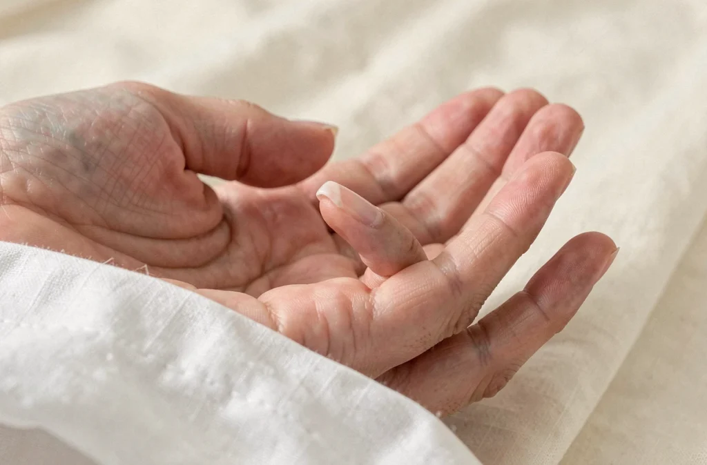 Gros plan sur des ongles pâles et striés révélant un possible manque de fer chez une femme