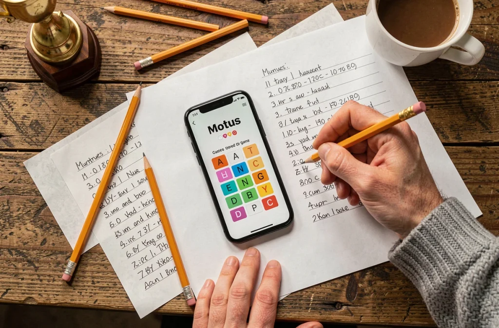 Vue aérienne d'une table avec smartphone affichant le jeu Motus, feuilles de score et trophée pour un tournoi familial