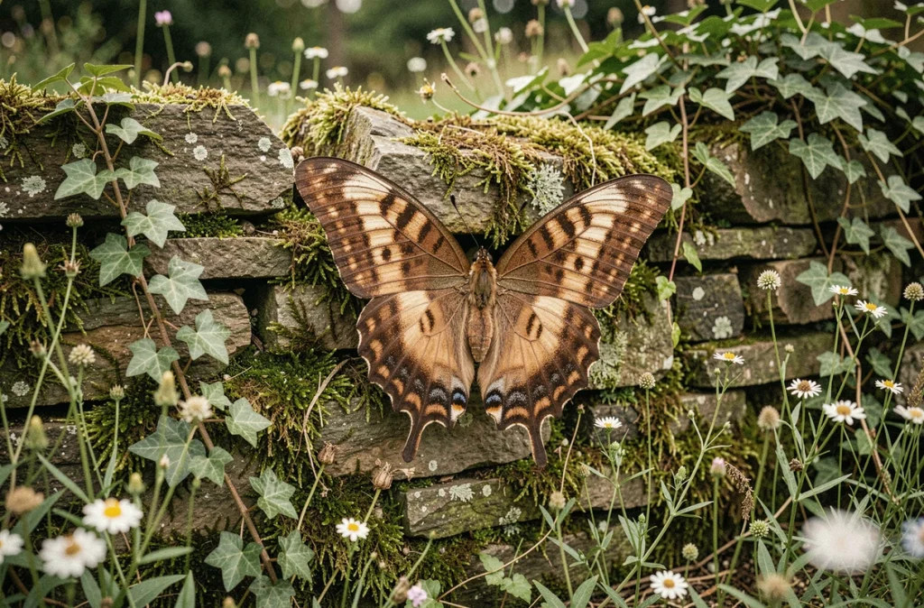 Papillon marron aux ailes détaillées posé sur un mur de pierre moussu dans un jardin sauvage