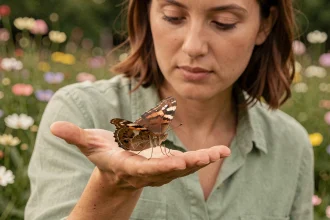 Papillon marron posé sur la main ouverte d'une femme dans un jardin fleuri
