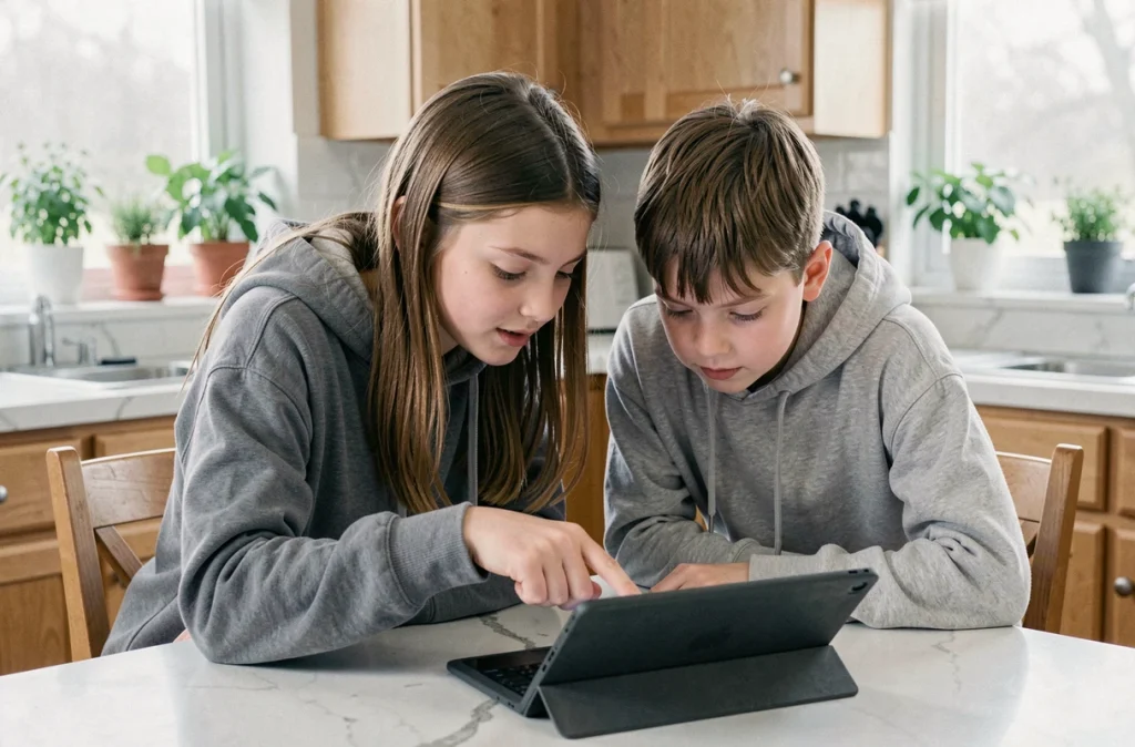 Adolescente aidant son jeune frère à utiliser une tablette à la table de cuisine, illustrant le partage du temps entre frères et sœurs