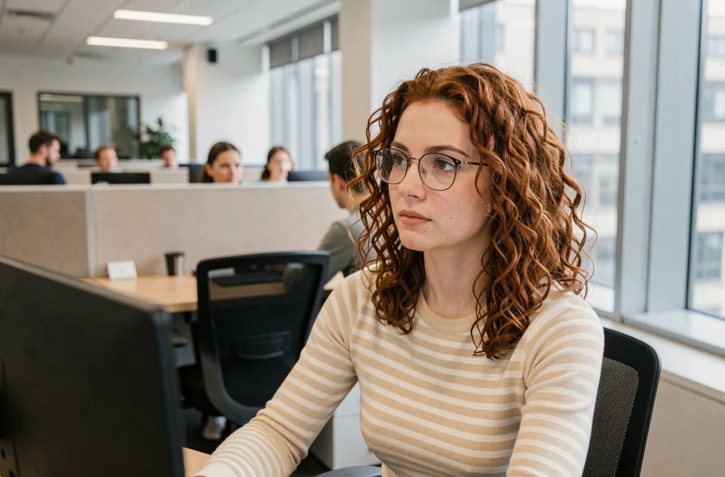 Jeune femme portant des lunettes qui s'éloigne volontairement de son écran d'ordinateur dans un bureau en open space pour reposer ses yeux