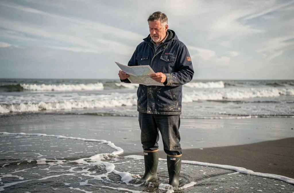 Pêcheur consultant un tableau de marées sur la plage d'Anglet au bord de l'Atlantique