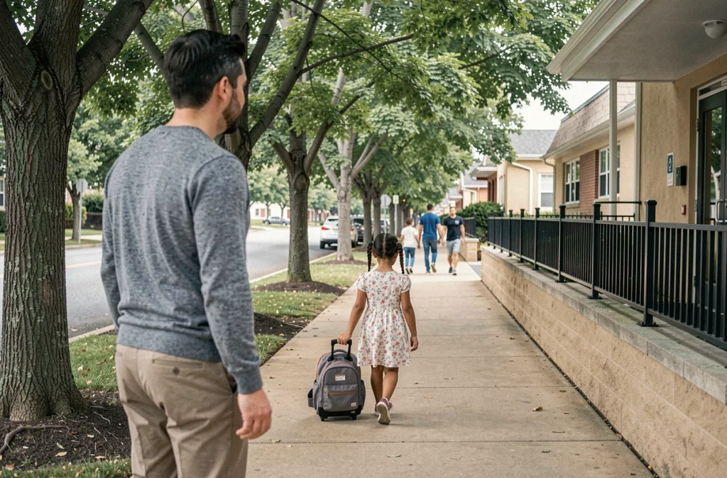 Père regardant sa fille entrer seule à l'école pour la première fois lors de la rentrée