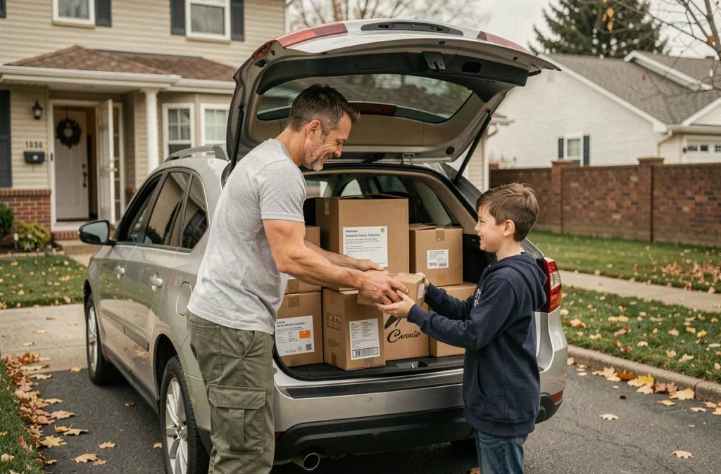 Père et fils chargeant des cartons dans le coffre d'un SUV lors d'un déménagement en famille