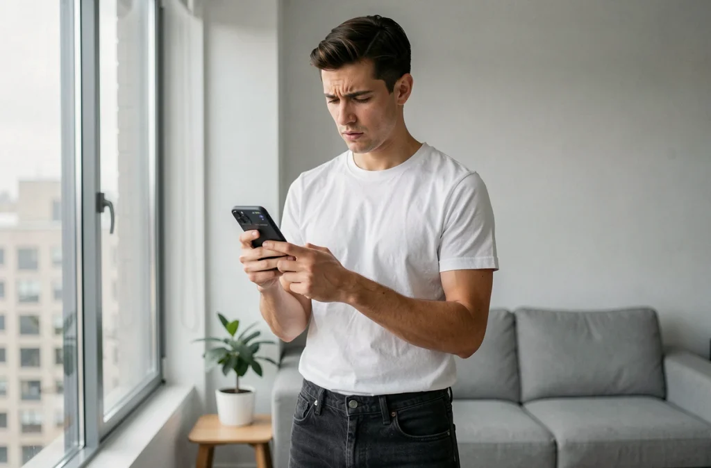 Personne consultant un annuaire inversé sur smartphone dans un appartement moderne, illustrant les limites des outils de recherche de numéros