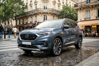 Petit SUV compact garé dans une rue parisienne pavée avec des façades haussmanniennes en arrière-plan
