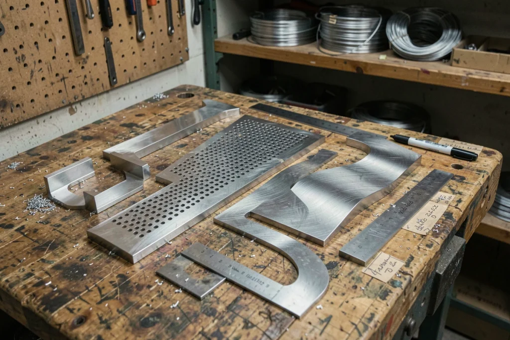 Pièces en inox découpées sur mesure de formes variées posées sur un établi d'atelier avec règle et notes de mesures manuscrites