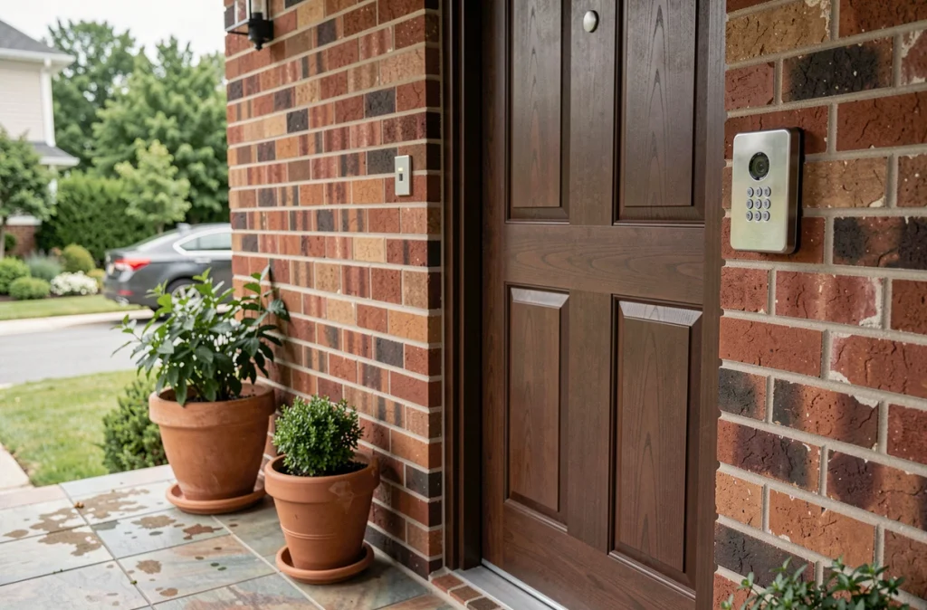 Porte d'entrée connectée avec serrure intelligente et visiophone pour la sécurité domotique résidentielle