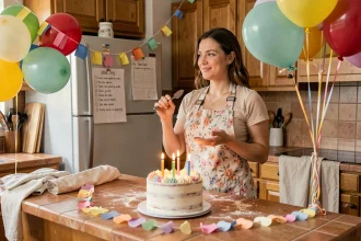 Femme préparant un gâteau d'anniversaire dans une cuisine décorée de ballons colorés pour une fête d'enfant à la maison