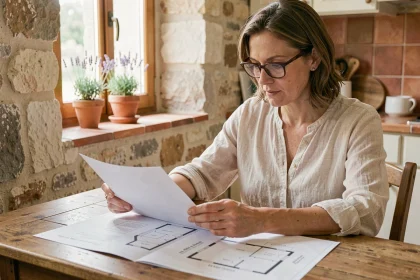 Propriétaire de location saisonnière qui prépare les documents et le plan de son bien immobilier pour une première mise en location