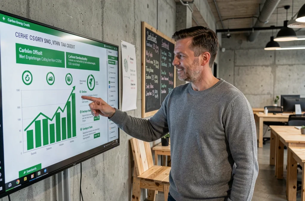 Professionnel présentant des graphiques sur les crédits d'impôt pour investissements verts dans un espace de coworking durable